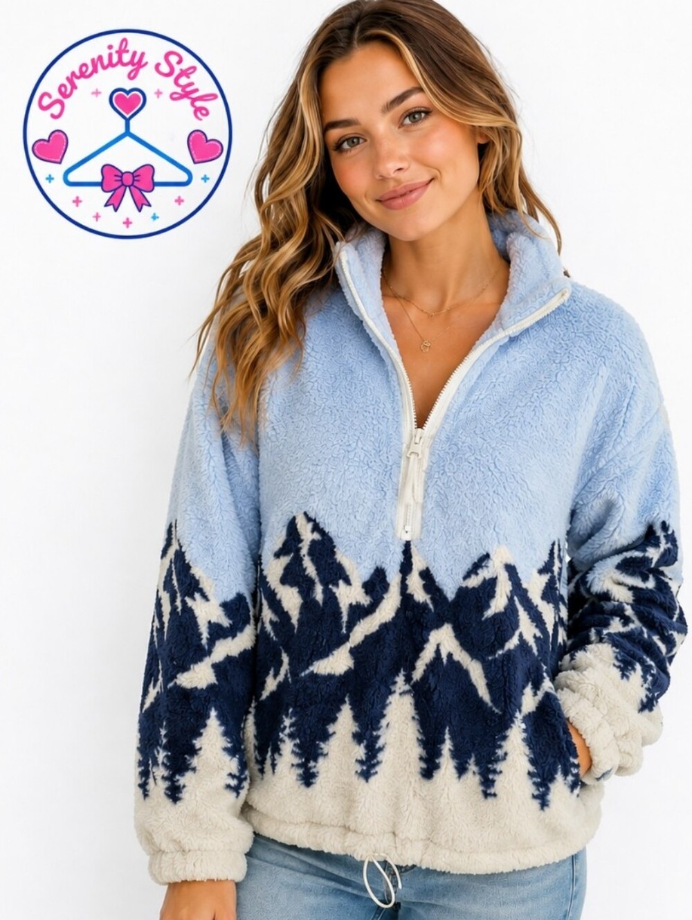 No Boundaries XL 16-18 Sherpa Pullover Mountain Print Quarter Zip Cozy